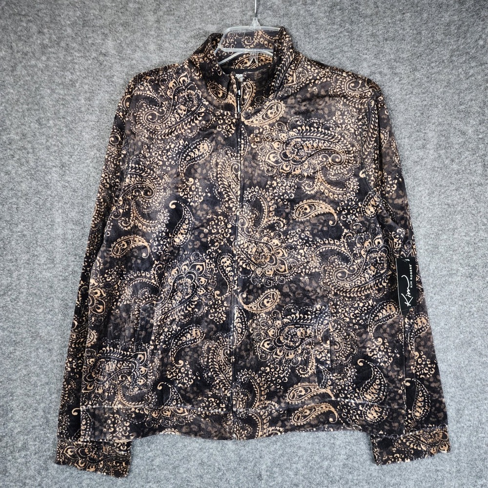 Kim Rogers Velour Jacket Womens Large Brown Paisley Leopard Zip Up Mock Neck NWT